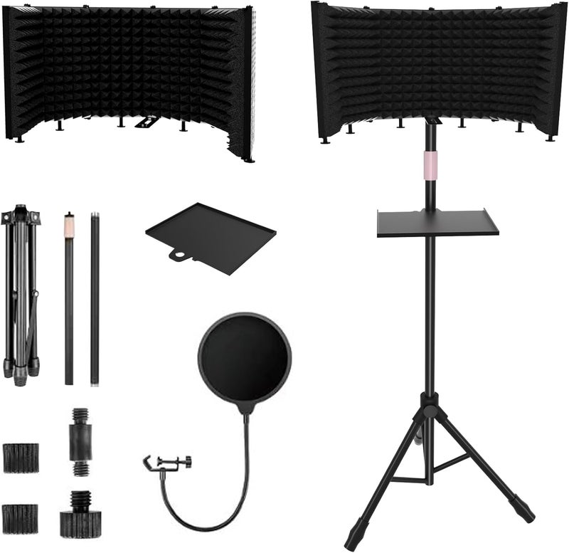 Geynnple Store Microphone Isolation Shield – Foldable & Adjustable Soundproof Panel for Recording, Podcasting, Vocal Booth, Studio & Home Use (Six-sided high stand) - Image 1